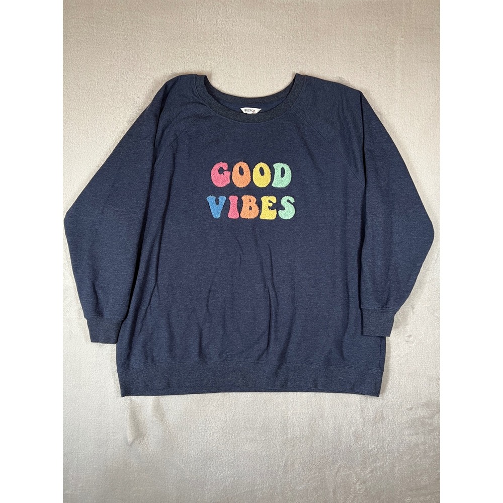 Wildfox Good Vibes Chenille Graphic Sweatshirt‎ Gray XXL Raglan Pullover Top
